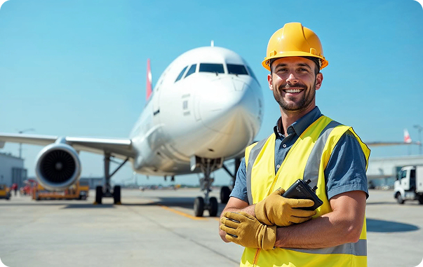Airport ground staff standing in front of airplane