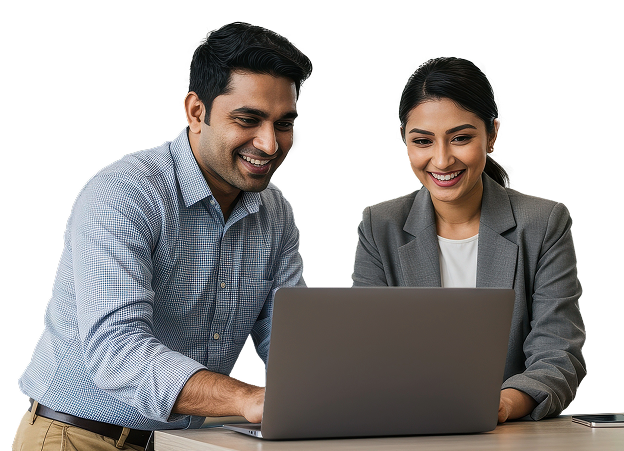 Smiling colleagues working on a laptop