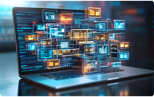 Abstract digital screens over a laptop representing scalable innovation